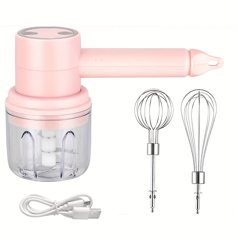 1 Set, Multifunctional Electric Garlic Press & Egg Beater 2-in-1 Kit, 30W, 1200mAh Large Capacity Portable Hand Mixer & Mini Meat Grinder with Multiple Attachments for Cake Cream Baking – USB Charging Kitchen Tool