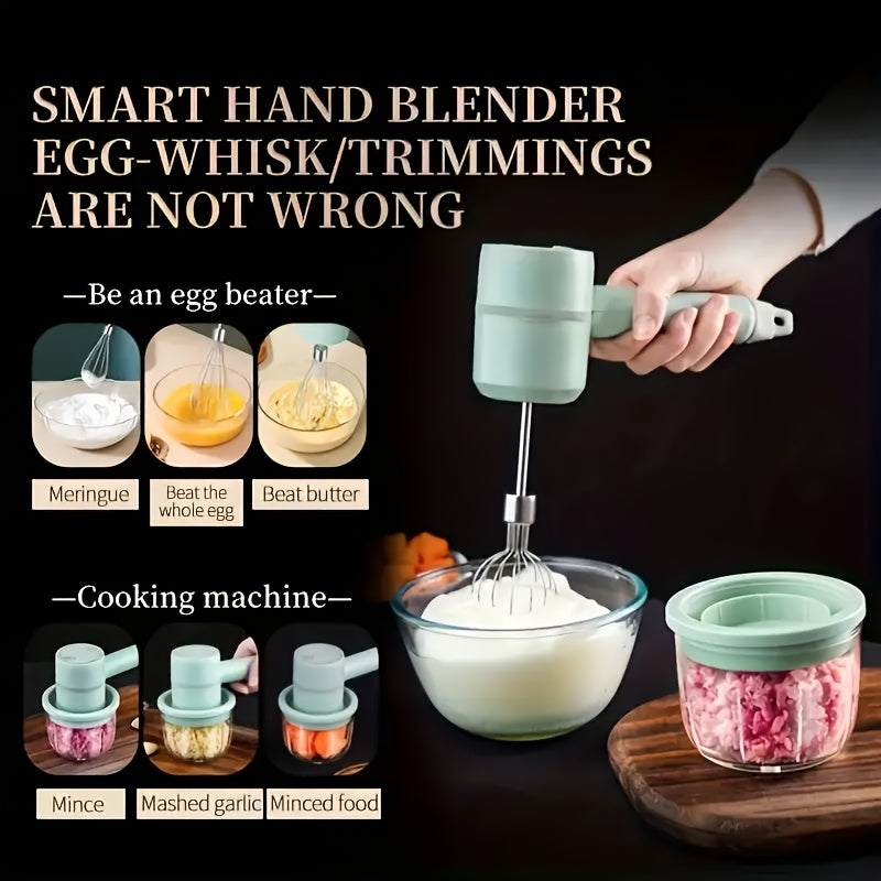 1 Set, Multifunctional Electric Garlic Press & Egg Beater 2-in-1 Kit, 30W, 1200mAh Large Capacity Portable Hand Mixer & Mini Meat Grinder with Multiple Attachments for Cake Cream Baking – USB Charging Kitchen Tool