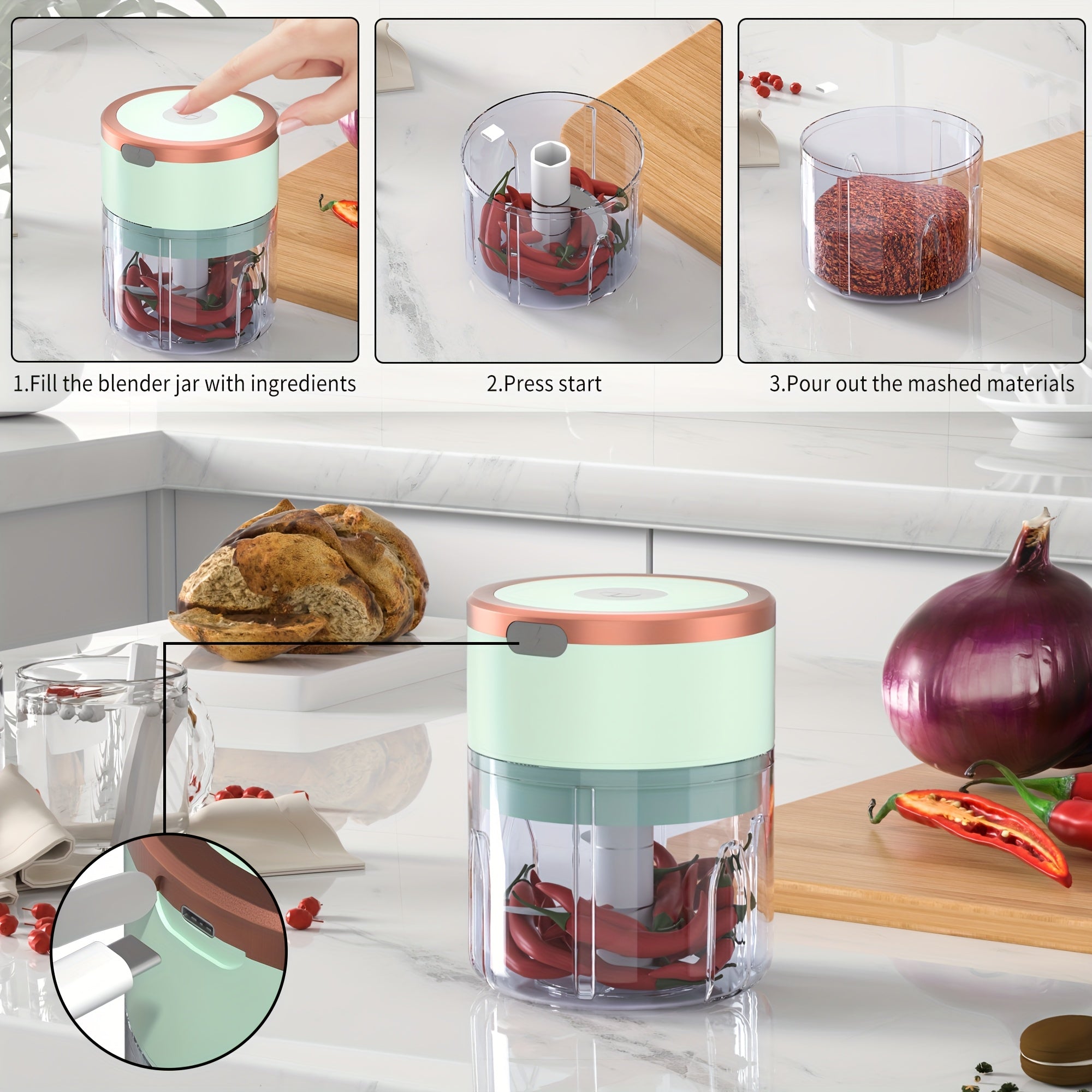 Meat Grinder, Vegetable Chopper, Electric Garlic Chopper, USB Rechargeable Mini Chopper, Powerful Small Food Processor, Blender for Vegetables, Wireless Food Chopper for Ginger, Chili, Fruit, Meat, etc. 250ml