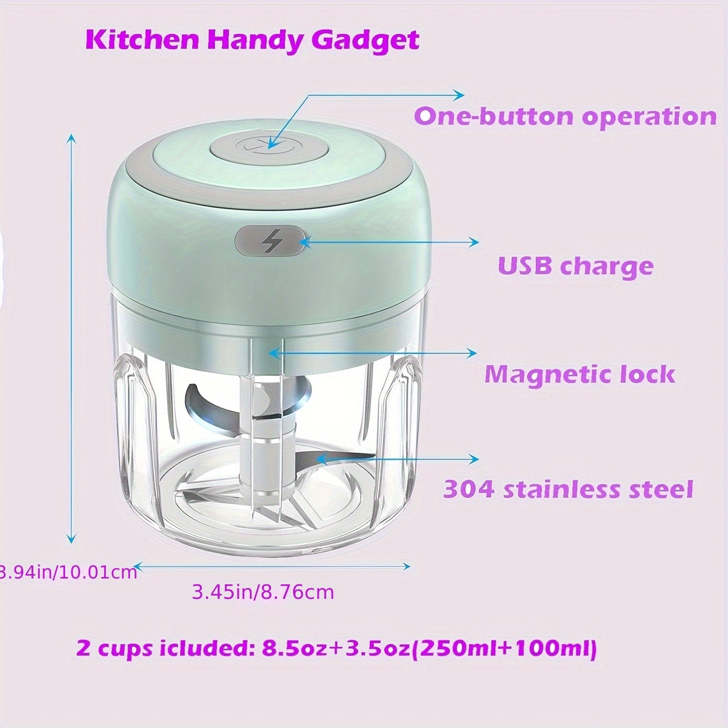 Electric Mini Food Chopper, Rechargeable Small Food Processor, Suitable for Garlic, Fruit Puree, Onions, Herbs, Vegetables, Ginger, Fruit Blender, Holiday Gift