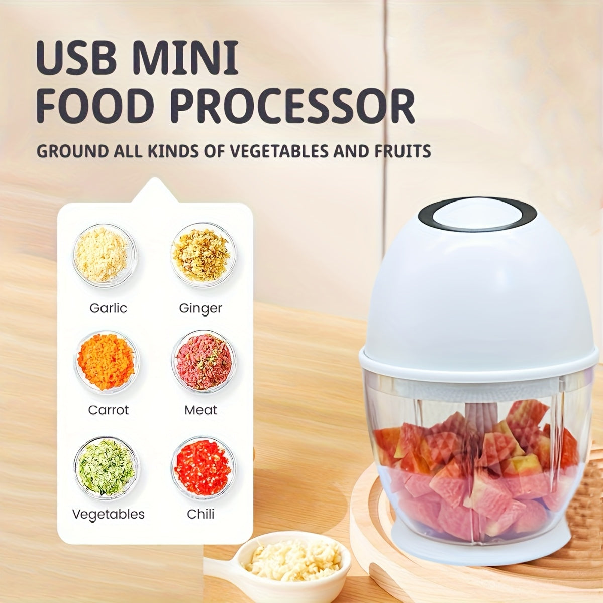 Electric Garlic Chopper, Mini Portable Veggie Chopper, 13.53oz Garlic Grinder Masher Onion Chopper, Blender to Vegetable, Wireless Food Processor for Ginger, Chili, Fruit, Meat, Home Cooking, Meal Prep Tool, Portable Appliance, Compact Design, Highspeed