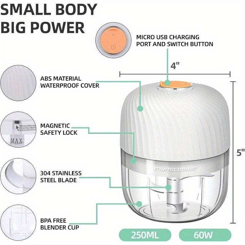 Portable Garlic And Vegetable Chopper, 8.45oz Capacity for Mashing Garlic And Chopping Onions, a Blender for Various Vegetables, And a Wireless Food Processor Suitable for Ginger, Chili, Fruits, And Meat., Multi Household Mill for Onion, Steak, Vegetable