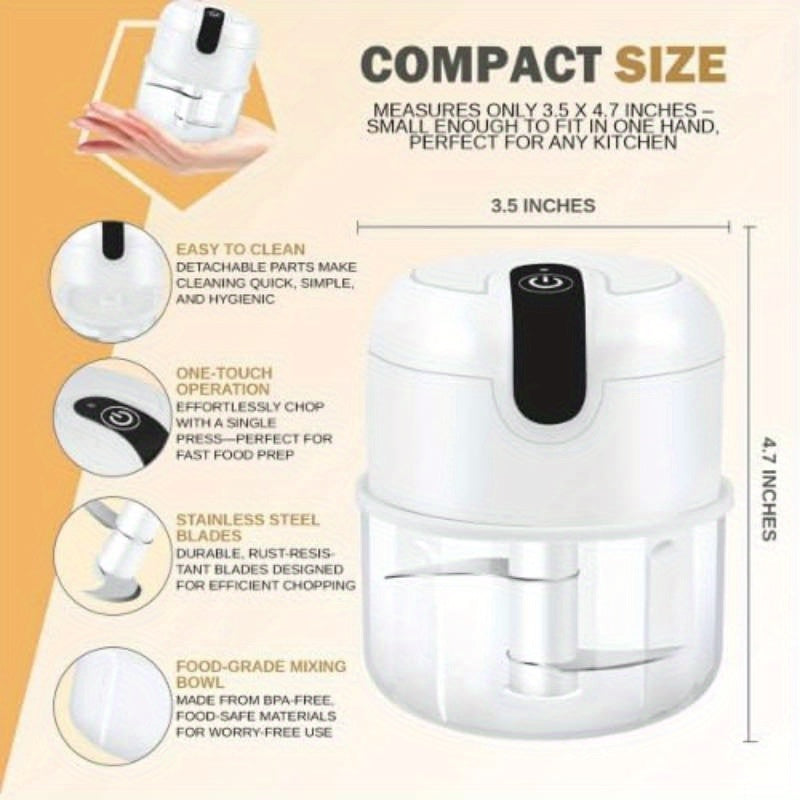 USB Rechargeable Portable Food Processor with Stainless Steel Blades & BPA-Free Bowl - Cordless Garlic Chopper, Onion Mincer, Nut & Herb Grinder with Ergonomic Lid & Clear Container for Kitchen, Camping, Picnic - Lightweight Compact Design, One-Touch
