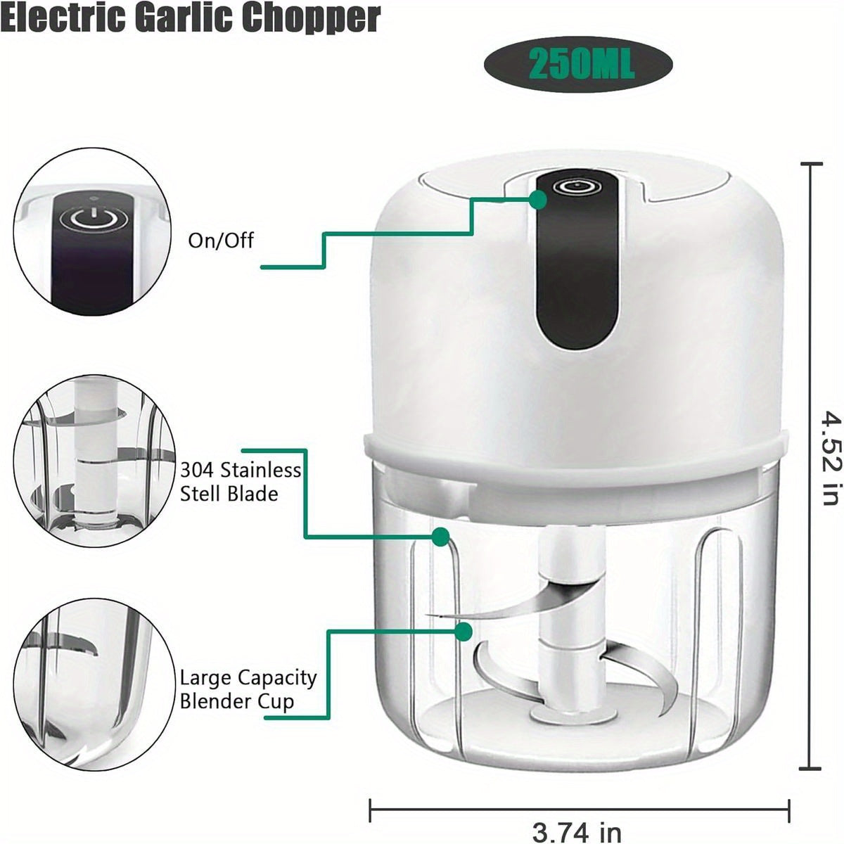 8.45oz Electric Garlic Chopper, Compact Portable Vegetable Chopper, Garlic Grinder And Masher, Onion Chopper, Blender for Vegetables, Cordless Food Processor for Ginger, Chili, Fruits, Meat, And More.