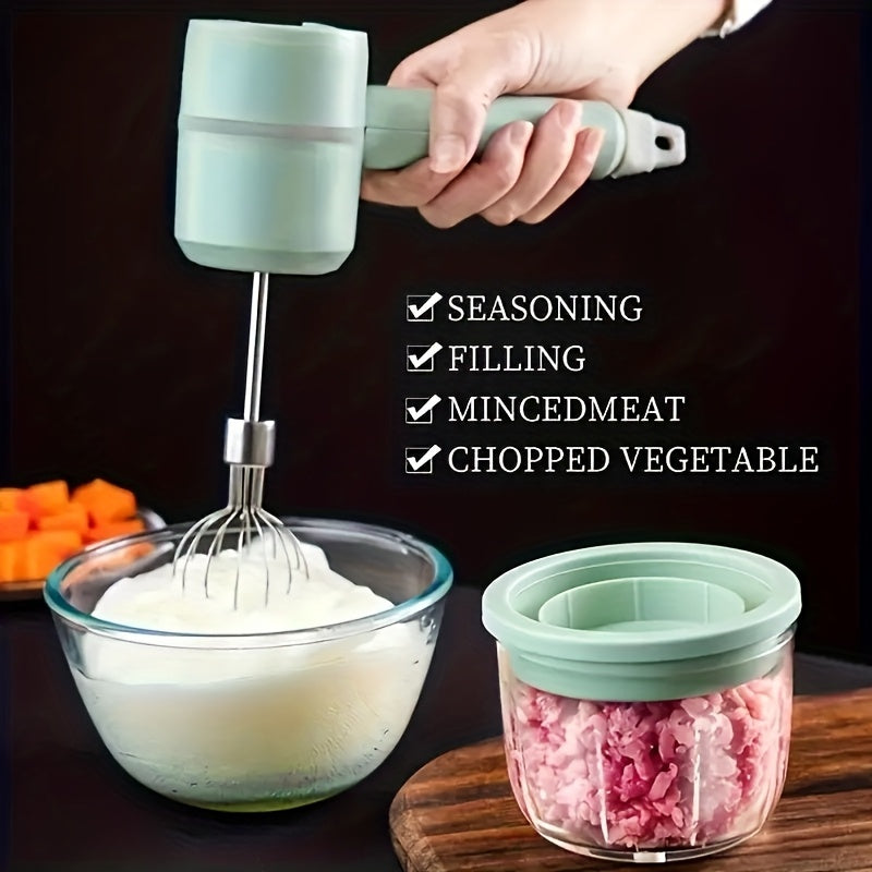 1 Set, Multifunctional Electric Garlic Press & Egg Beater 2-in-1 Kit, 30W, 1200mAh Large Capacity Portable Hand Mixer & Mini Meat Grinder with Multiple Attachments for Cake Cream Baking – USB Charging Kitchen Tool