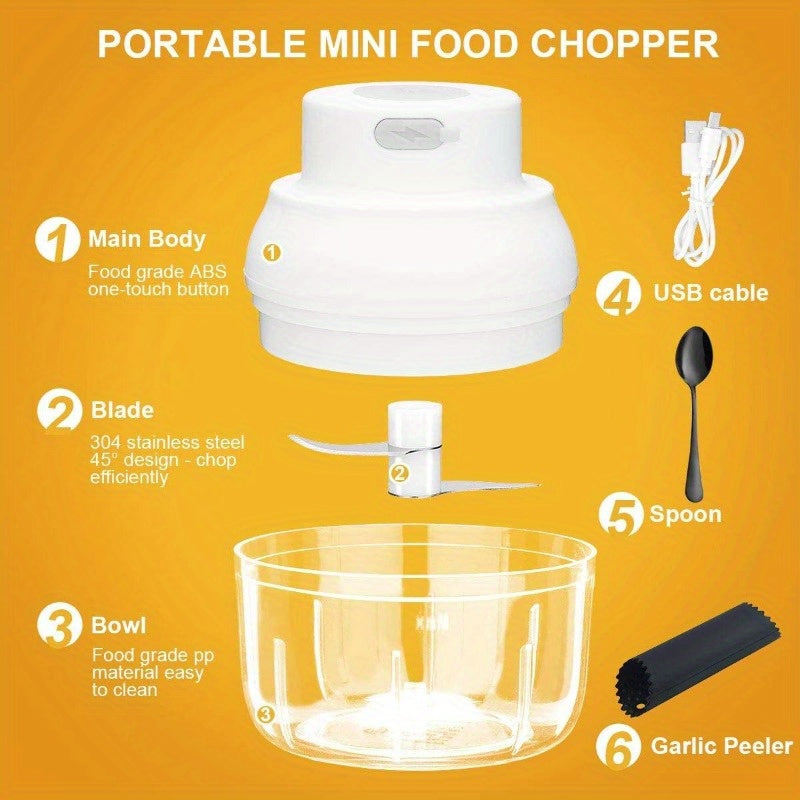 Electric Garlic Chopper & Masher - Mini Food Processor with Garlic Peeler & Spoon, 100ml/3.3fl.oz Capacity, White, Compact Design for Easy Storage, Durable Metal Construction, Perfect for Chopping Garlic, Herbs, and More, Garlic Crusher, Kitchen Gadget,