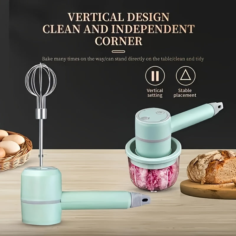 1 Set, Multifunctional Electric Garlic Press & Egg Beater 2-in-1 Kit, 30W, 1200mAh Large Capacity Portable Hand Mixer & Mini Meat Grinder with Multiple Attachments for Cake Cream Baking – USB Charging Kitchen Tool
