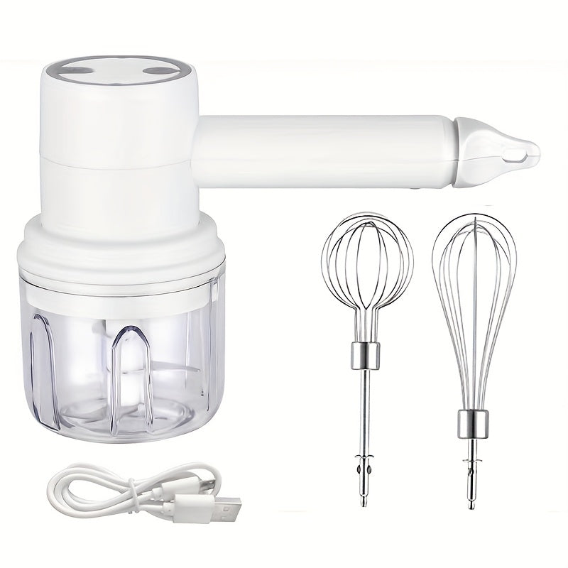 1 Set, Multifunctional Electric Garlic Press & Egg Beater 2-in-1 Kit, 30W, 1200mAh Large Capacity Portable Hand Mixer & Mini Meat Grinder with Multiple Attachments for Cake Cream Baking – USB Charging Kitchen Tool