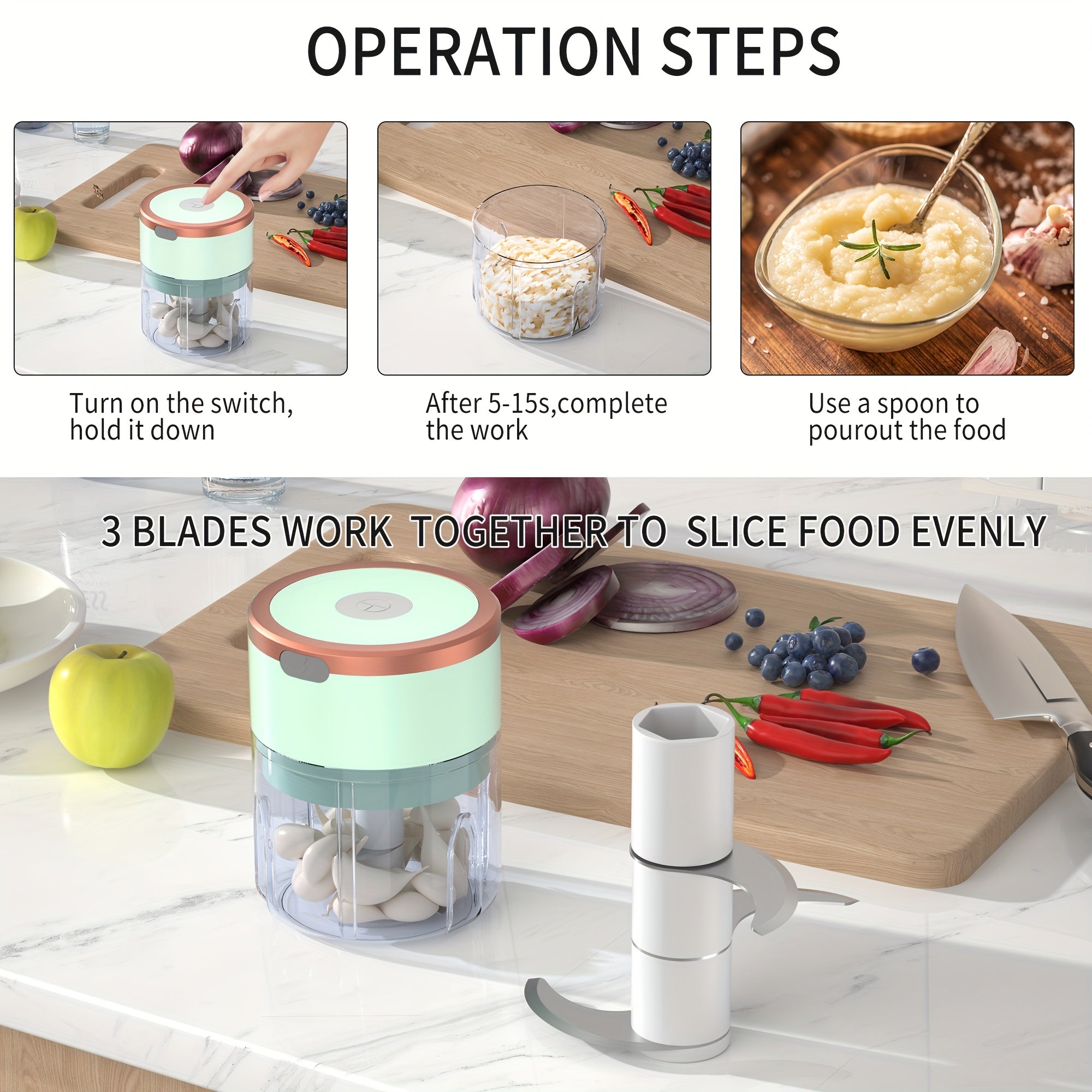 Meat Grinder, Vegetable Chopper, Electric Garlic Chopper, USB Rechargeable Mini Chopper, Powerful Small Food Processor, Blender for Vegetables, Wireless Food Chopper for Ginger, Chili, Fruit, Meat, etc. 250ml