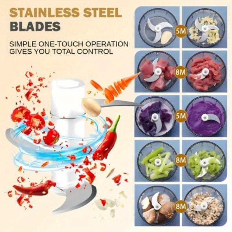 USB Rechargeable Portable Food Processor with Stainless Steel Blades & BPA-Free Bowl - Cordless Garlic Chopper, Onion Mincer, Nut & Herb Grinder with Ergonomic Lid & Clear Container for Kitchen, Camping, Picnic - Lightweight Compact Design, One-Touch