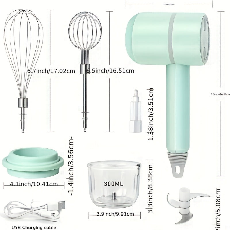 1 Set, Multifunctional Electric Garlic Press & Egg Beater 2-in-1 Kit, 30W, 1200mAh Large Capacity Portable Hand Mixer & Mini Meat Grinder with Multiple Attachments for Cake Cream Baking – USB Charging Kitchen Tool
