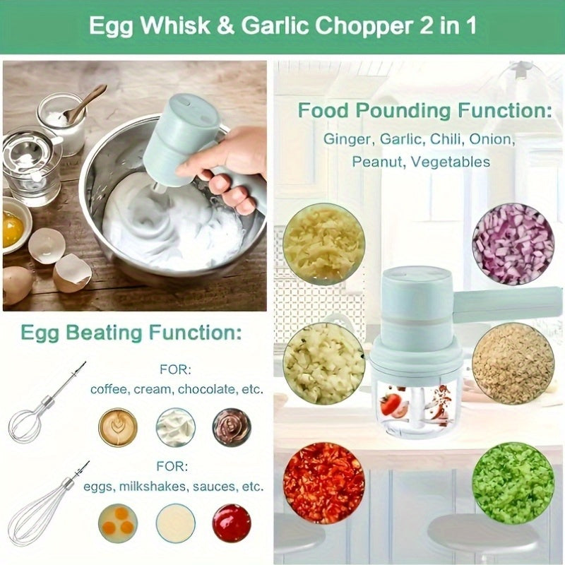 Cordless Electric Garlic Chopper And Egg Whisk, a 2-In-1 Hand Mixer That Is USB Rechargeable. This Set Features a 3-Speed Adjustable Egg Beater And Garlic Mincer, Ideal for Baking, Making Cakes, Cookies, Butter Tarts, And Chopping Onions, Vegetables,
