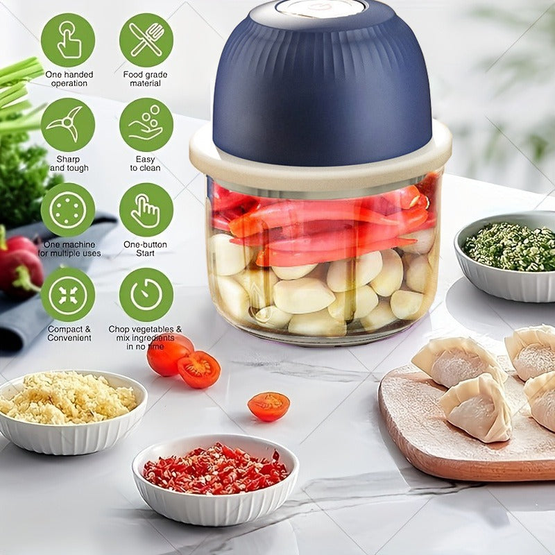 Mini Cordless 3-Blade Food Chopper - 12oz Electric Blender & Garlic Press for Garlic, Vegetables, Fruits, Onions, Salads & Hot Pot Ingredients - Compact Kitchen Gadget