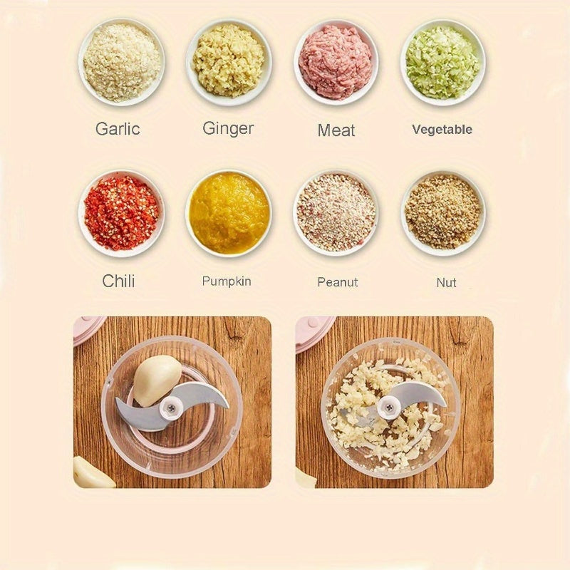 Wireless USB-Powered Food Processor & Garlic Chopper with 2-Cup Large Capacity, Ergonomic Lever & One-Touch Operation, Compact Design with Clear Lid & Safety Lock - Cordless Chopper for Vegetables, Onion, Tomato, Pepper, Herb, Soft Fruit - Ideal for Small