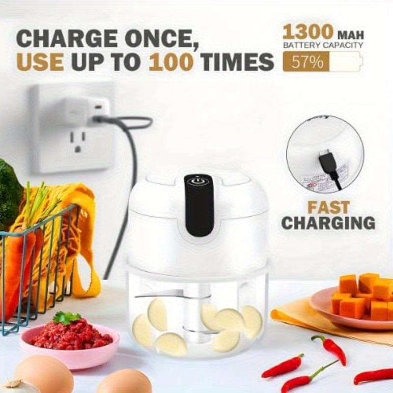 USB Rechargeable Portable Food Processor with Stainless Steel Blades & BPA-Free Bowl - Cordless Garlic Chopper, Onion Mincer, Nut & Herb Grinder with Ergonomic Lid & Clear Container for Kitchen, Camping, Picnic - Lightweight Compact Design, One-Touch