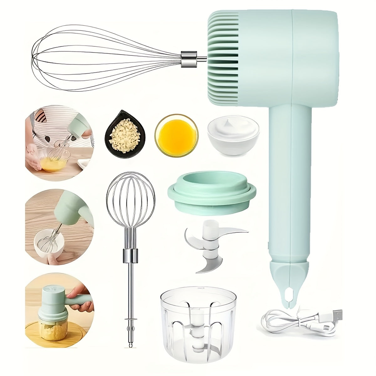 1 Set, Multifunctional Electric Garlic Press & Egg Beater 2-in-1 Kit, 30W, 1200mAh Large Capacity Portable Hand Mixer & Mini Meat Grinder with Multiple Attachments for Cake Cream Baking – USB Charging Kitchen Tool