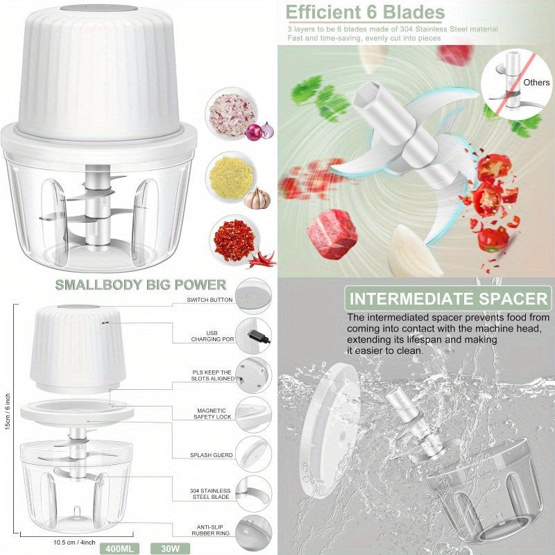 13.53oz Electric Garlic Chopper with 6 Blades, a Mini Vegetable Grinder That Is USB Portable, Suitable for Chopping Garlic, Onions, Ginger, Chili, Fruits, And Meat., Chopper For Food And Vegetable, Vegetable Chopper, Vegetable Slicer And Chopper, Kitchen