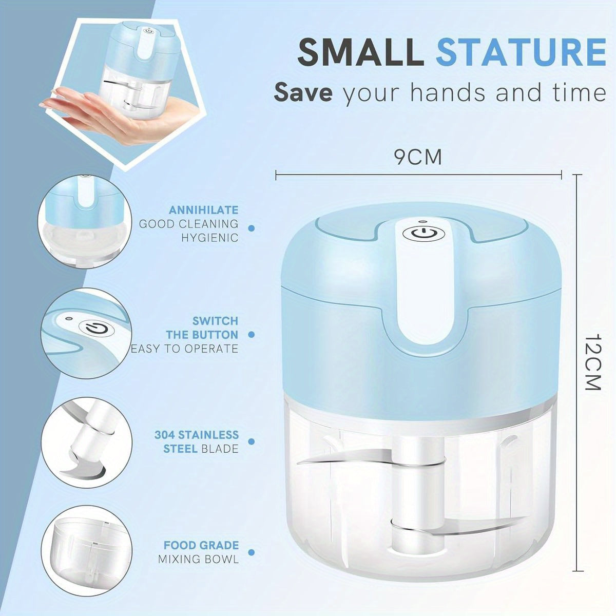 EASYSPEED Electric Garlic Chopper 1Cup, Mini USB Charging Wireless Food Processor with 304 Stainless Steel, 2 Sharp Blades, Portable Kitchen Meat Grinder for Onion, Garlic, Ginger, Baby Food, Garlic Slicer Automatic, Mini Garlic Chopper, Garlic Crusher