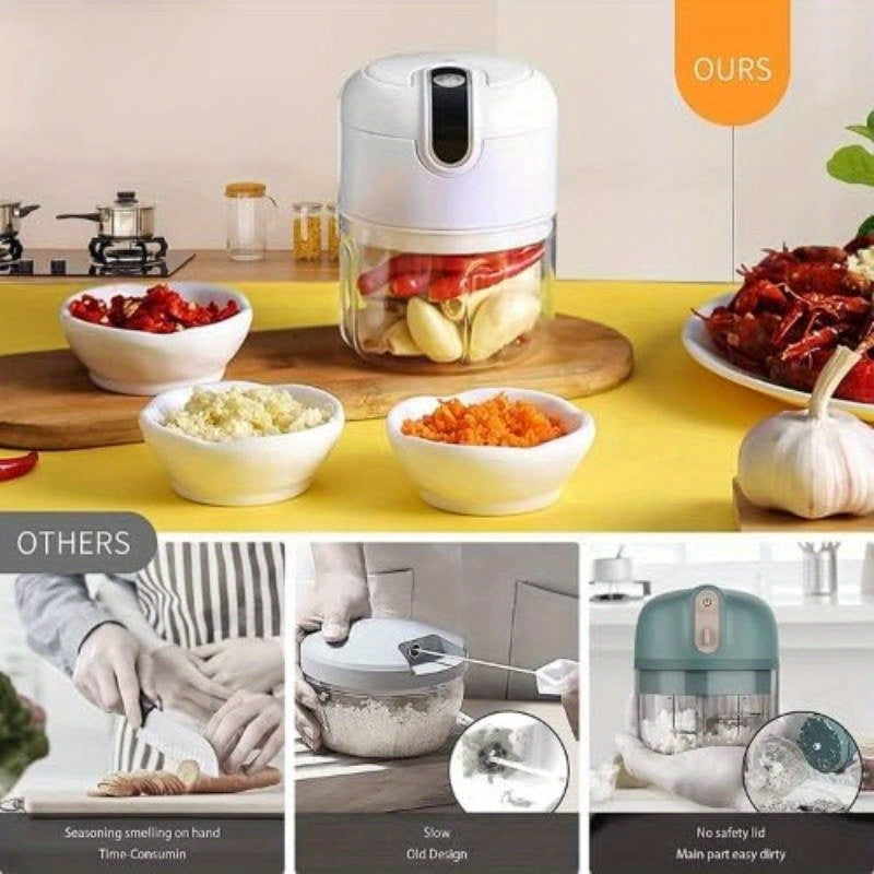 USB Rechargeable Portable Food Processor with Stainless Steel Blades & BPA-Free Bowl - Cordless Garlic Chopper, Onion Mincer, Nut & Herb Grinder with Ergonomic Lid & Clear Container for Kitchen, Camping, Picnic - Lightweight Compact Design, One-Touch